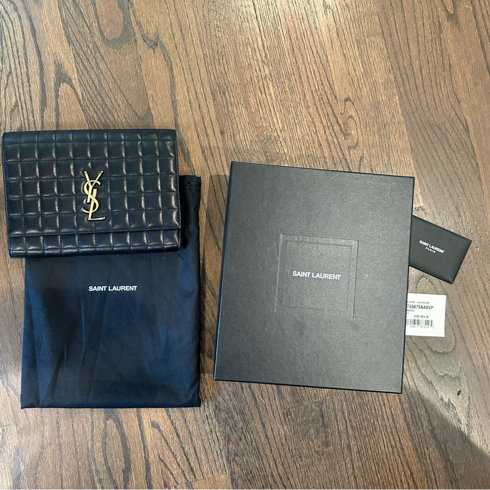 Authentic YSL Black and Gold Quilted Clutch Purse-Original Box/Tags